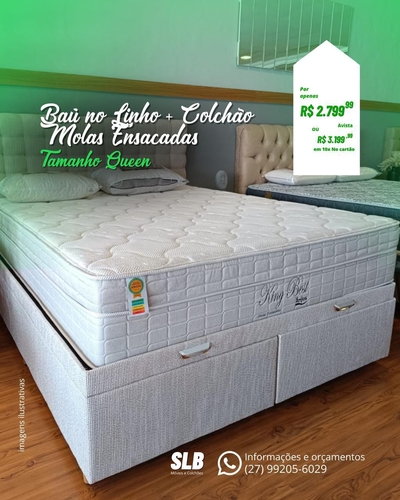 Baú no Linho + Colchão de Molas Ensacadas