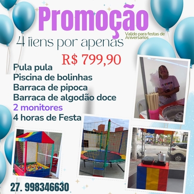 Aluguel de Pula Pula + Piscina de Bolinhas + Barraca de Pipoca + Barraca de Algodão Doce