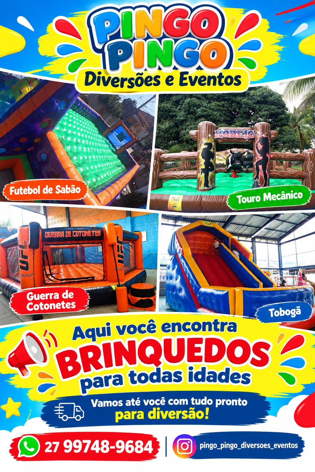 Futebol de Sabão, Guerra de Cotonetes, Touro Mecânico, Tobogã Grande, Pula Pula, Algodão Doce, Canhão de Espuma, Tobogã Com Piscina de Bolinha