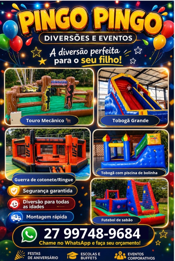 Tobogã Grande para Todas As Idades,Touro Mecânico,Pula Pula, Guerra de Cotonetes - Ringue,27 99748-9684